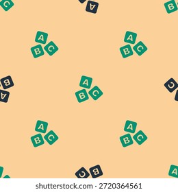 Icono de bloques ABC verde y negro aislado sin patrón sobre fondo beige. Cubos del alfabeto con letras A, B, C. Vector