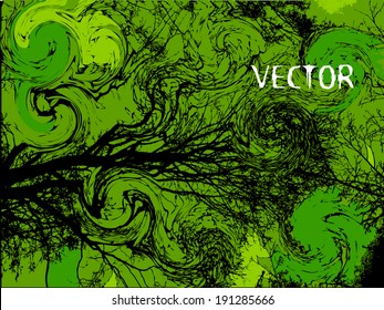 Green black abstract background with tree branches. dirty old. Vector