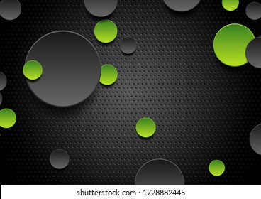 Green and black abstract circles on dark perforated background. Technology vector design