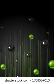 Green black abstract tech corporate background with glossy spheres and lines. Vector flyer design