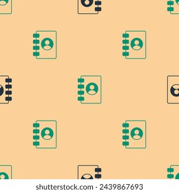 Green and black Address book icon isolated seamless pattern on beige background. Notebook, address, contact, directory, phone, telephone book icon.  Vector