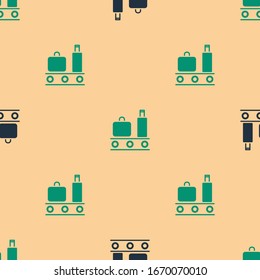 Green and black Airport conveyor belt with passenger luggage, suitcase, bag, baggage icon isolated seamless pattern on beige background.  Vector Illustration