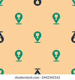 Green and black Alcohol or beer bar location icon isolated seamless pattern on beige background. Symbol of drinking, pub, club, bar.  Vector Illustration