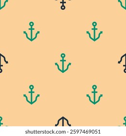Green and black Anchor icon isolated seamless pattern on beige background.  Vector