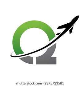 Green and Black Antique Letter Q Icon with an Airplane on a White Background