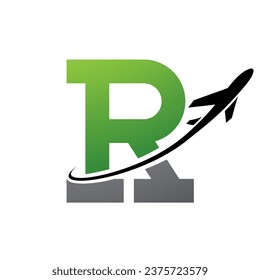 Green and Black Antique Letter R Icon with an Airplane on a White Background