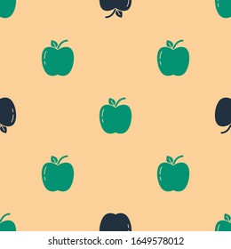 Green and black Apple icon isolated seamless pattern on beige background. Fruit with leaf symbol.  Vector Illustration