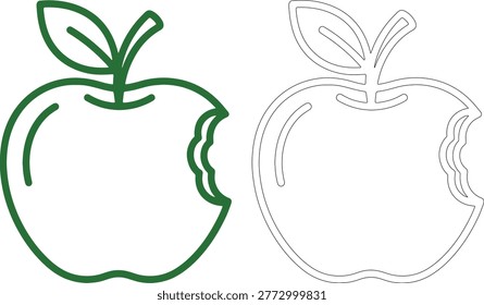 Green and black apple with leaves and bite taken out