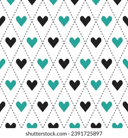 Green and black argyle pattern with heart inside. Argyle vector pattern. Argyle pattern. Seamless geometric pattern for clothing, wrapping paper, backdrop, background, gift card, sweater.
