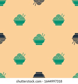 Green and black Asian noodles in bowl and chopsticks icon isolated seamless pattern on beige background. Street fast food. Korean, Japanese, Chinese food.  Vector Illustration