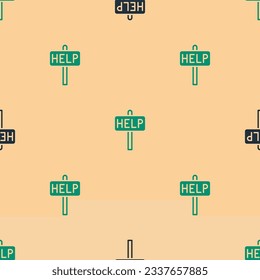 Green and black Ask for help text icon isolated seamless pattern on beige background.  Vector