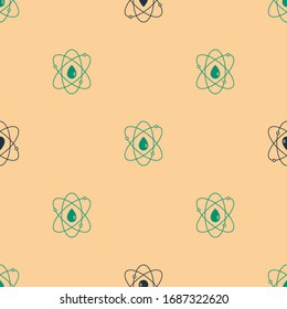 Green and black Atom icon isolated seamless pattern on beige background. Symbol of science, education, nuclear physics, scientific research.  Vector Illustration