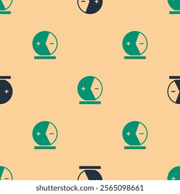 Green and black Atom icon isolated seamless pattern on beige background. Symbol of science, education, nuclear physics, scientific research.  Vector