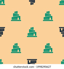 Green and black Babel tower bible story icon isolated seamless pattern on beige background.  Vector