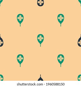 Green and black Balloons with snowflake icon isolated seamless pattern on beige background. Merry Christmas and Happy New Year.  Vector