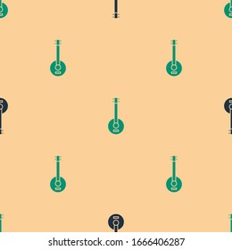 Green and black Banjo icon isolated seamless pattern on beige background. Musical instrument.  Vector Illustration