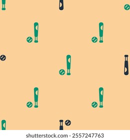 Green and black Baseball bat with ball icon isolated seamless pattern on beige background.  Vector