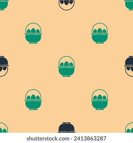 Green and black Basket with easter eggs icon isolated seamless pattern on beige background. Happy Easter.  Vector Illustration