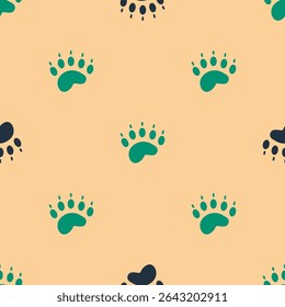 Green and black Bear paw footprint icon isolated seamless pattern on beige background.  Vector
