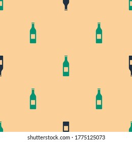 Green and black Beer bottle icon isolated seamless pattern on beige background.  Vector Illustration