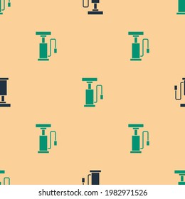 Green and black Bicycle air pump icon isolated seamless pattern on beige background.  Vector