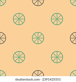 Green and black Bicycle wheel icon isolated seamless pattern on beige background. Bike race. Extreme sport. Sport equipment.  Vector