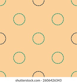 Green and black Bicycle wheel icon isolated seamless pattern on beige background. Bike race. Wheel tire air. Sport equipment.  Vector