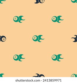 Green and black Billiard pool snooker ball with number 8 icon isolated seamless pattern on beige background.  Vector