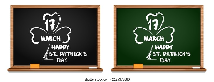 Green and black blackboard with the image of clover, and congratulations on St. Patricks Day. March 17. Patrick's Day design set. Vector illustration