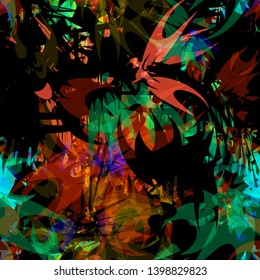 Green, black, blue, red seamless texture with organic elements. Abstract vector background for web page, banners backdrop, fabric, home decor, wrapping