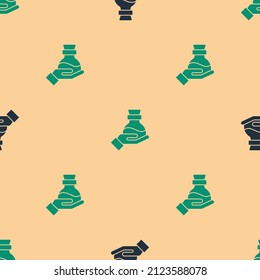 Green and black Bottle with potion icon isolated seamless pattern on beige background. Flask with magic potion. Happy Halloween party.  Vector