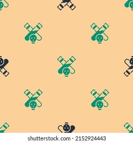 Green and black Bottle with potion icon isolated seamless pattern on beige background. Flask with magic potion. Happy Halloween party.  Vector