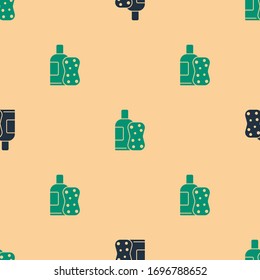 Green and black Bottle of shampoo and sponge icon isolated seamless pattern on beige background.  Vector Illustration