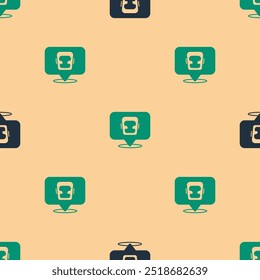 Green and black Boxing helmet icon isolated seamless pattern on beige background.  Vector