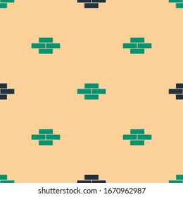 Green and black Bricks icon isolated seamless pattern on beige background.  Vector Illustration