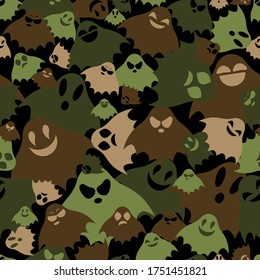 Green, black and brown ghosts fly in chaotic order and frighten, camouflage mystic seamless vector background for army.