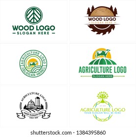 Green black brown line art badge logo design cow landscaping and gear combined tree suitable for agriculture livestock plantation farmers industry