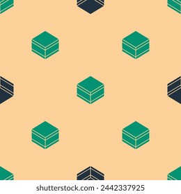 Green and black Brownie chocolate cake icon isolated seamless pattern on beige background.  Vector