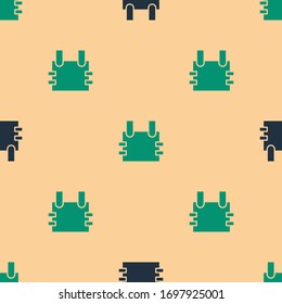 Green and black Bulletproof vest for protection from bullets icon isolated seamless pattern on beige background. Body armor sign. Military clothing.  Vector Illustration
