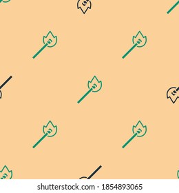 Green and black Burning match with fire icon isolated seamless pattern on beige background. Match with fire. Matches sign.  Vector