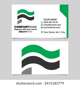 Green and Black Business Card Template with Wavy Flag Shaped Letter F Logo Icon Over a Light Grey Background