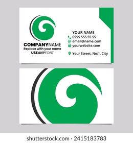 Green and Black Business Card Template with Whirl Shaped Letter O Logo Icon Over a Light Grey Background