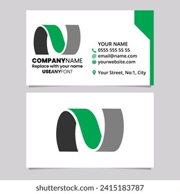 Green and Black Business Card Template with Wavy Shaped Letter N Logo Icon Over a Light Grey Background