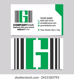 Green and Black Business Card Template with Vertical Striped Letter G Logo Icon Over a Light Grey Background