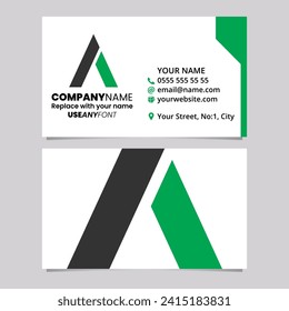 Green and Black Business Card Template with Trapezium Shaped Letter A Logo Icon Over a Light Grey Background