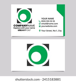 Green and Black Business Card Template with Square Letter O Logo Icon Over a Light Grey Background