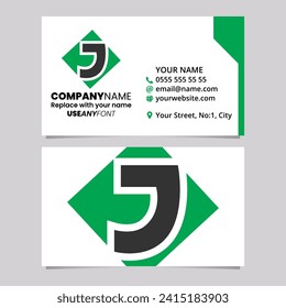 Green and Black Business Card Template with Square Diamond Letter J Logo Icon Over a Light Grey Background