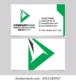Green and Black Business Card Template with Spiky Triangular Letter D Logo Icon Over a Light Grey Background