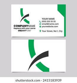 Green and Black Business Card Template with Spiky Lowercase Letter K Logo Icon Over a Light Grey Background