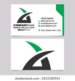 Green and Black Business Card Template with Spiky Lowercase Letter A Logo Icon Over a Light Grey Background